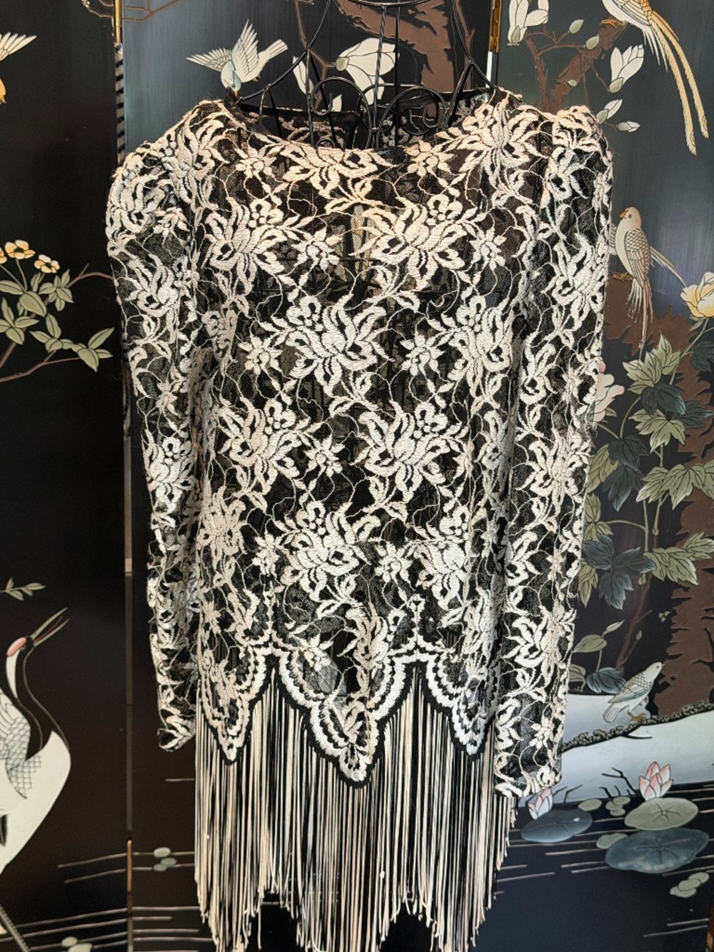 Vtg 80s Lillie Lillie Rubin Crochet Lace Fringe Flapper Gatsby Dress Sz 10 S/M